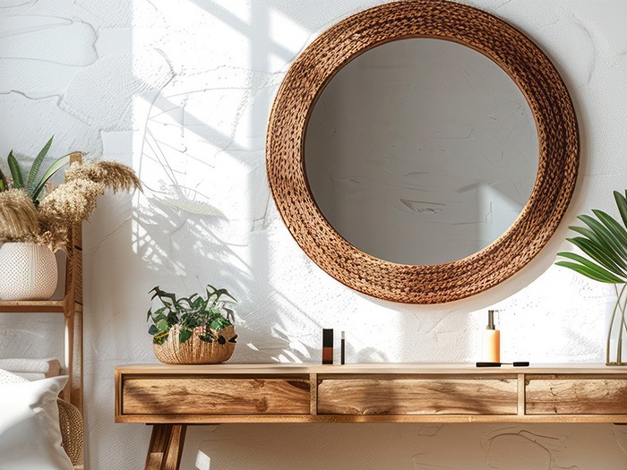 Circular mirror set in woven jute.