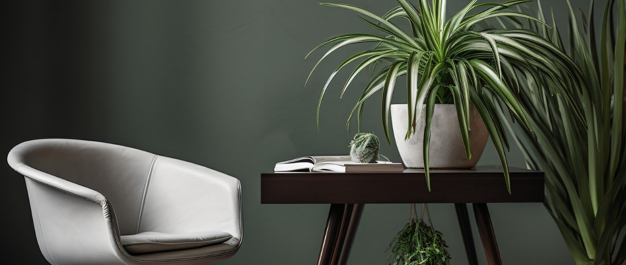 Chair and table topped with a plant.